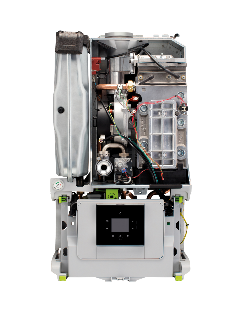 Inside of a modern combi boiler with the case removed
