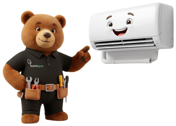 Banks Gas mascot pointing at a wall-mounted air conditioning unit