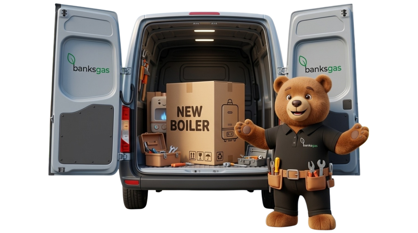 Banks Gas mascot with a new boiler in the back of the van