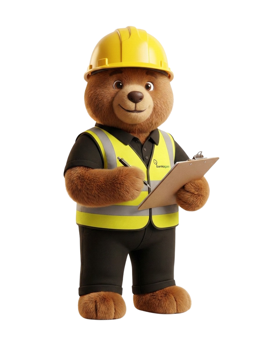 Banks Gas mascot in a hard hat and hi-vis with a clipboard