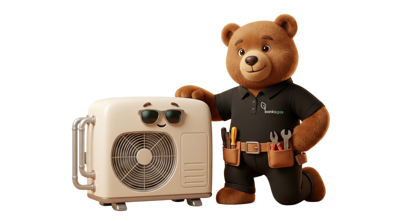 Banks Gas mascot with air-source heat pump