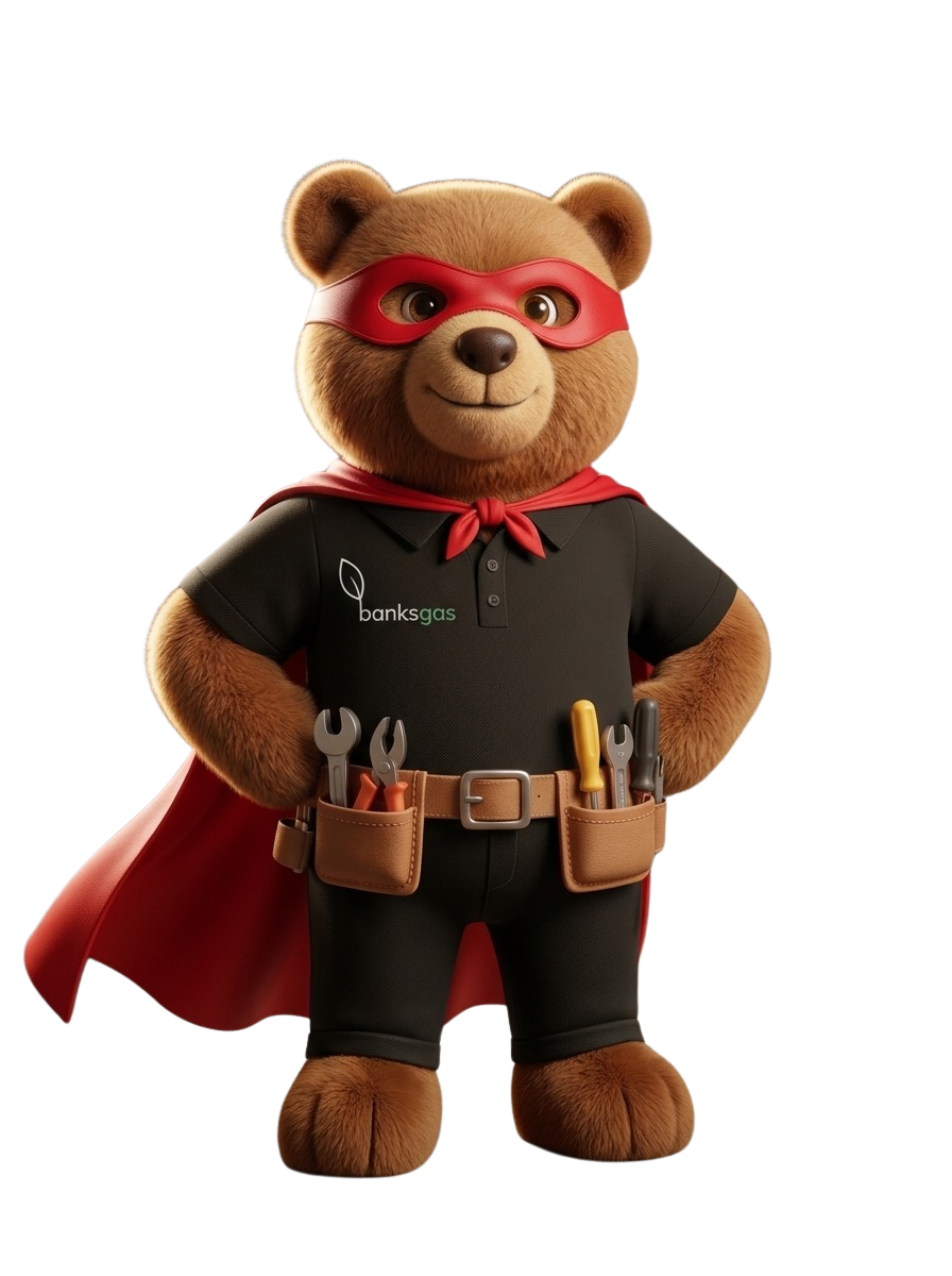 Banks Gas mascot in a cape with a tool belt