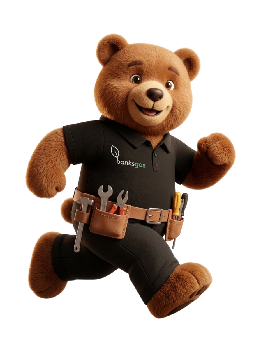 Banks Gas mascot on the move with a tool belt